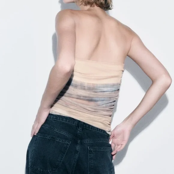 Zara NWT ruched mesh tulle strapless corset tube top- summer tie dye print - Picture 7 of 9